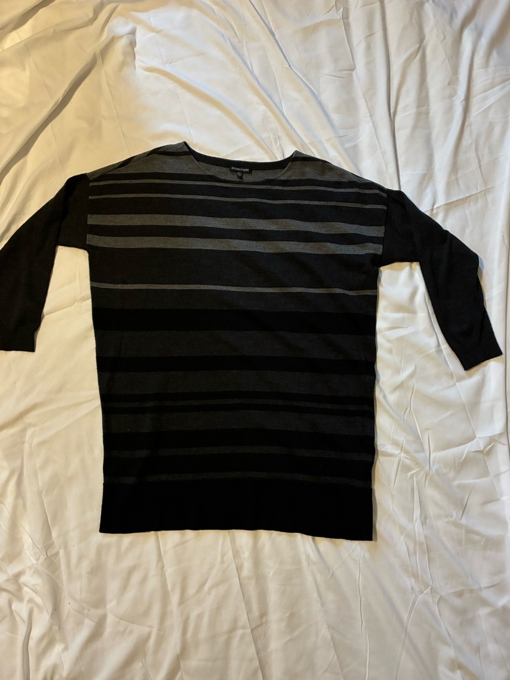 Eileen Fisher Black and Gray Striped Crewneck Sweater L